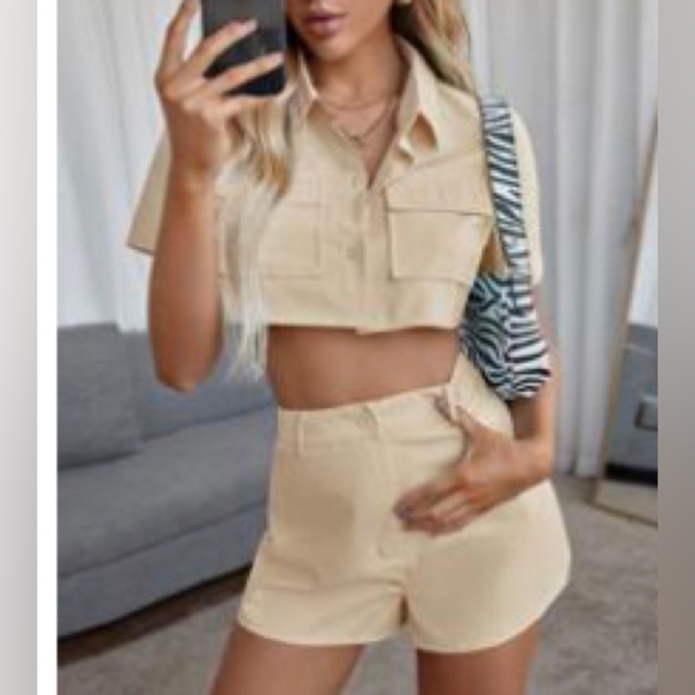 SHEIN TWO PIECE solid cropped blouse and straight leg shorts